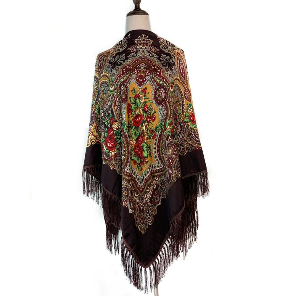 160*160cm Russian Style Luxury Floral Print Square Scarf Women Traditional Fringed UKrainian Shawl Babushka Bandana Head Wraps