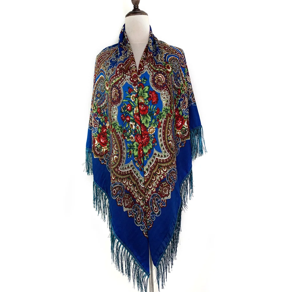 160*160cm Russian Style Luxury Floral Print Square Scarf Women Traditional Fringed UKrainian Shawl Babushka Bandana Head Wraps