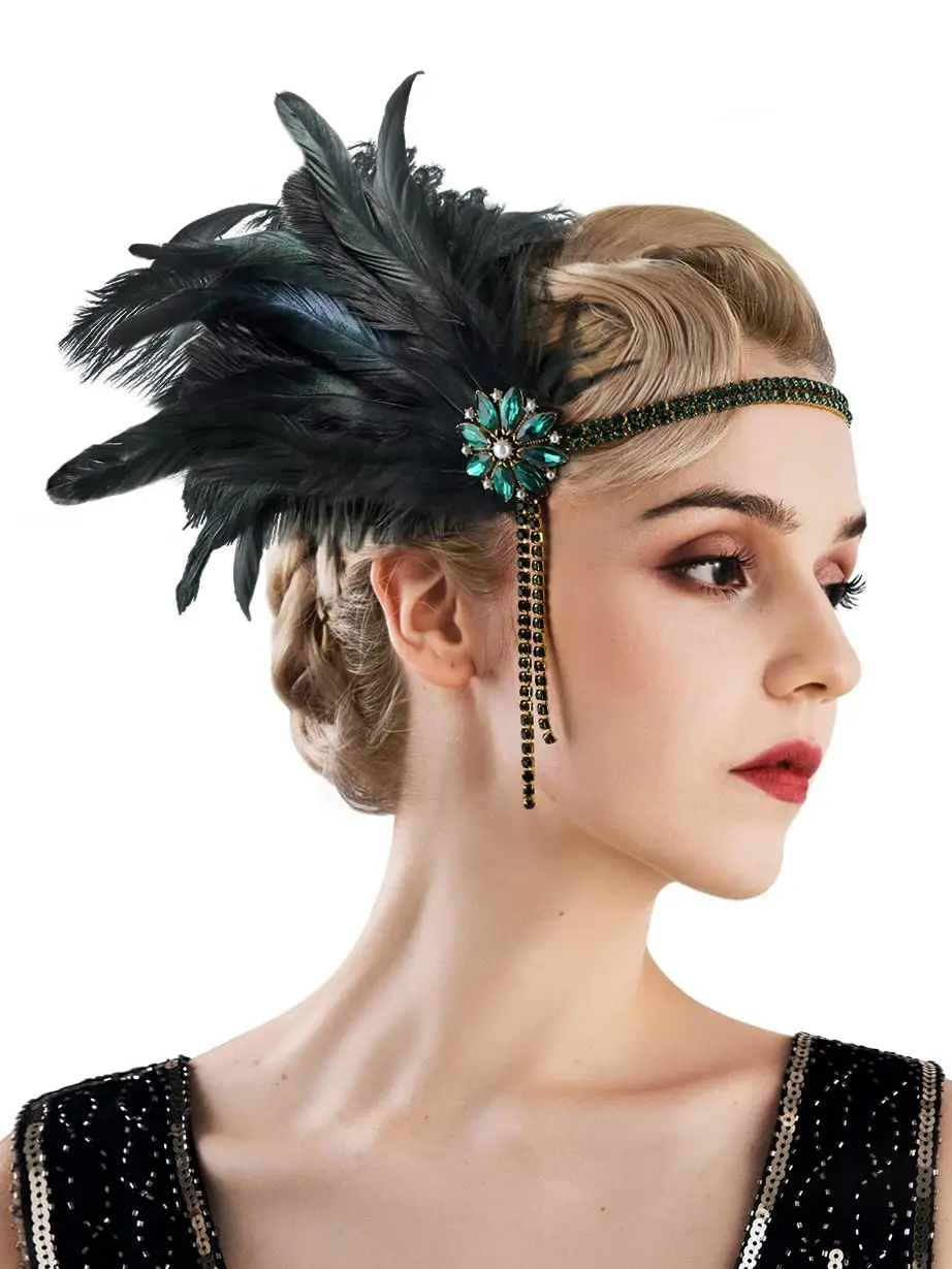 1920s Gatsby Party Rhinestone Beaded HairBand Vintage Charleston Headpiece Women Flapper Feather Headband Hair Accessories
