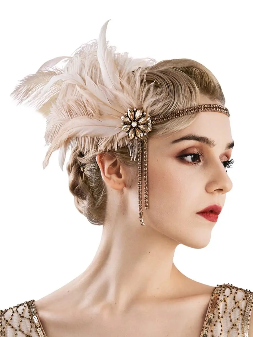 1920s Gatsby Party Rhinestone Beaded HairBand Vintage Charleston Headpiece Women Flapper Feather Headband Hair Accessories