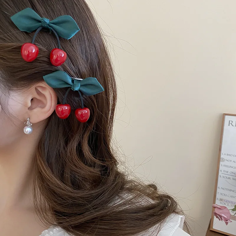 1/2 Pcs Partysu Red Cherry Leaf Resin Small Duckbill Hair Clips for Women New Sweet Side Fringe Bangs Clip Head Accessories Sets