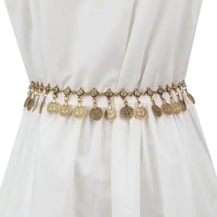 Women's Metal Belly Chain with Shaking Coins. Bohemian-Style Waist Belt. A Light Luxury and Retro Waist Chain with an European A