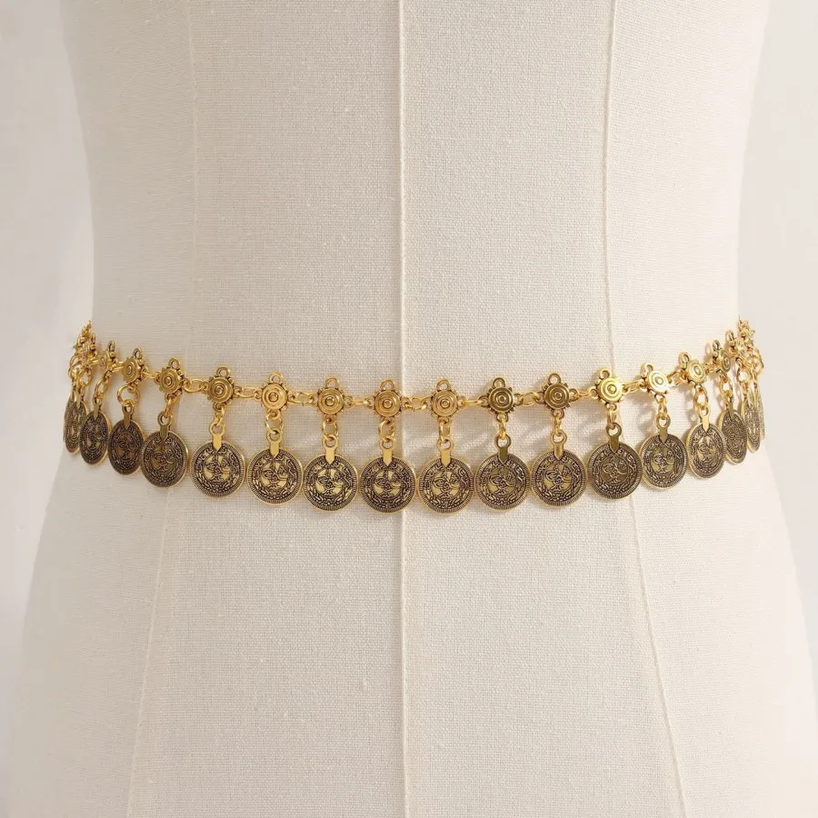 Women's Metal Belly Chain with Shaking Coins. Bohemian-Style Waist Belt. A Light Luxury and Retro Waist Chain with an European A