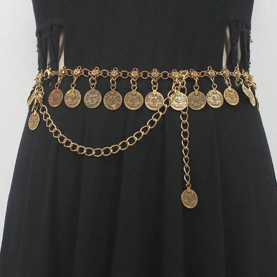 Women's Metal Belly Chain with Shaking Coins. Bohemian-Style Waist Belt. A Light Luxury and Retro Waist Chain with an European A