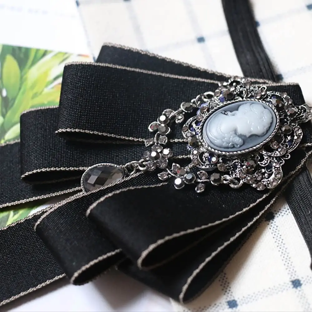 Luxury Black Rhinestone Ribbon Bowtie Fashion Fabric Cloth Art Handmade Crystal Bow Tie Ribbon Bow Brooch Neck Tie