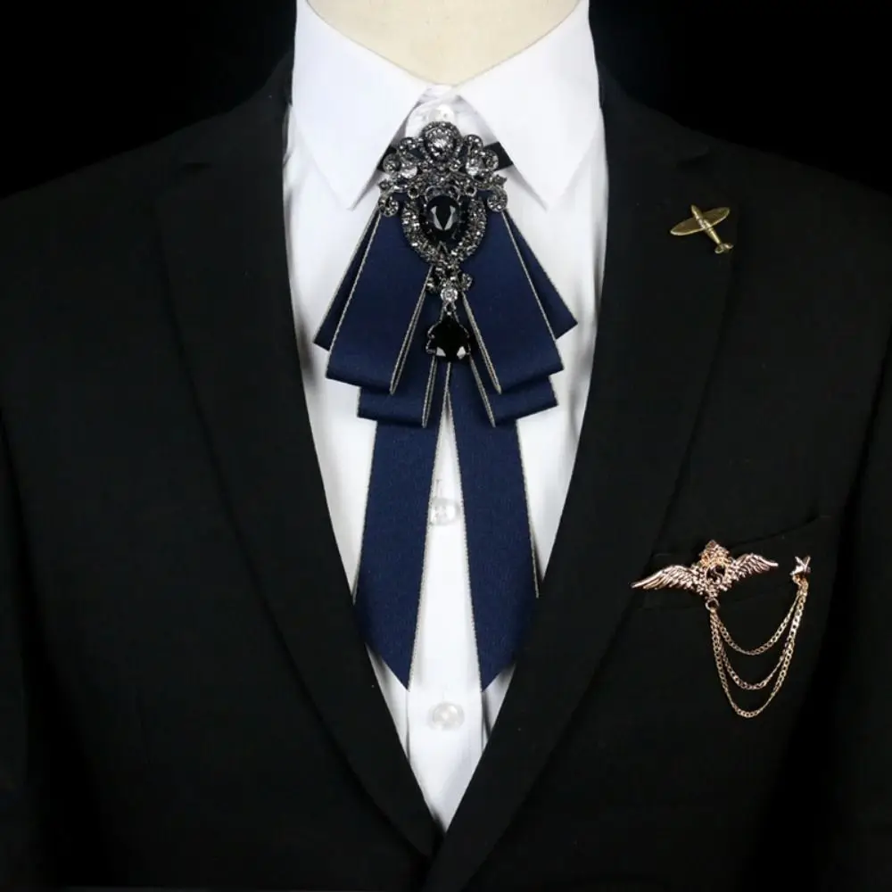 Luxury Black Rhinestone Ribbon Bowtie Fashion Fabric Cloth Art Handmade Crystal Bow Tie Ribbon Bow Brooch Neck Tie