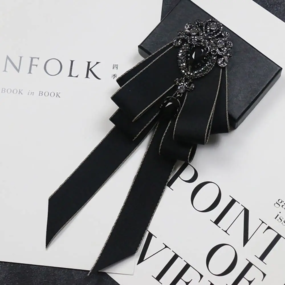 Luxury Black Rhinestone Ribbon Bowtie Fashion Fabric Cloth Art Handmade Crystal Bow Tie Ribbon Bow Brooch Neck Tie