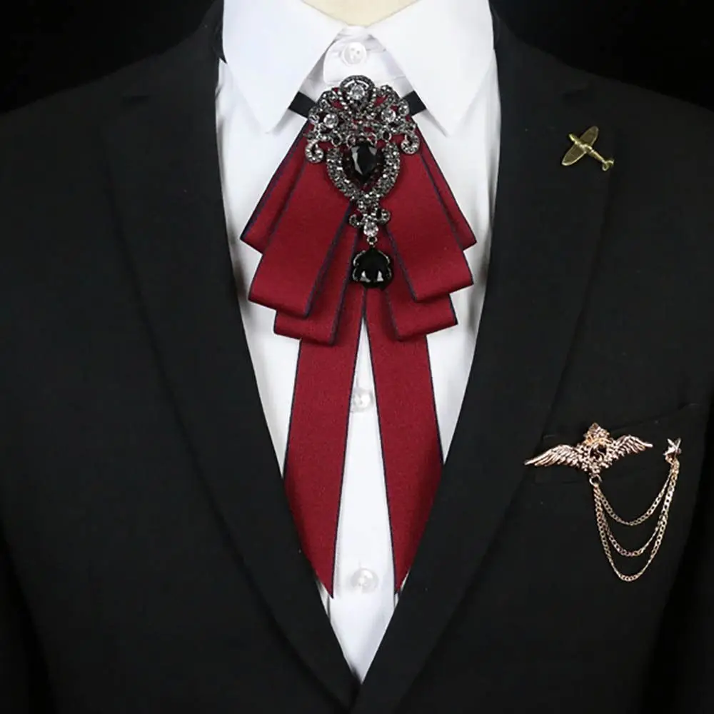 Luxury Black Rhinestone Ribbon Bowtie Fashion Fabric Cloth Art Handmade Crystal Bow Tie Ribbon Bow Brooch Neck Tie