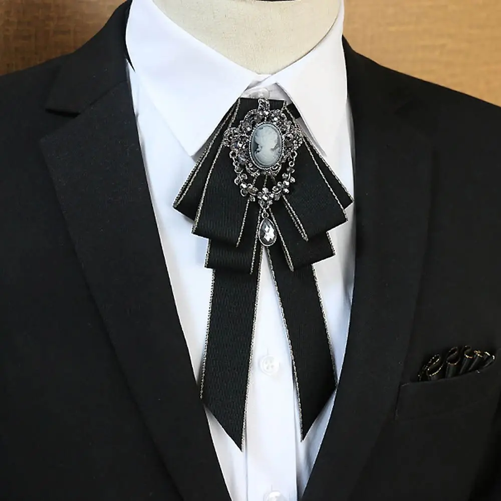 Luxury Black Rhinestone Ribbon Bowtie Fashion Fabric Cloth Art Handmade Crystal Bow Tie Ribbon Bow Brooch Neck Tie