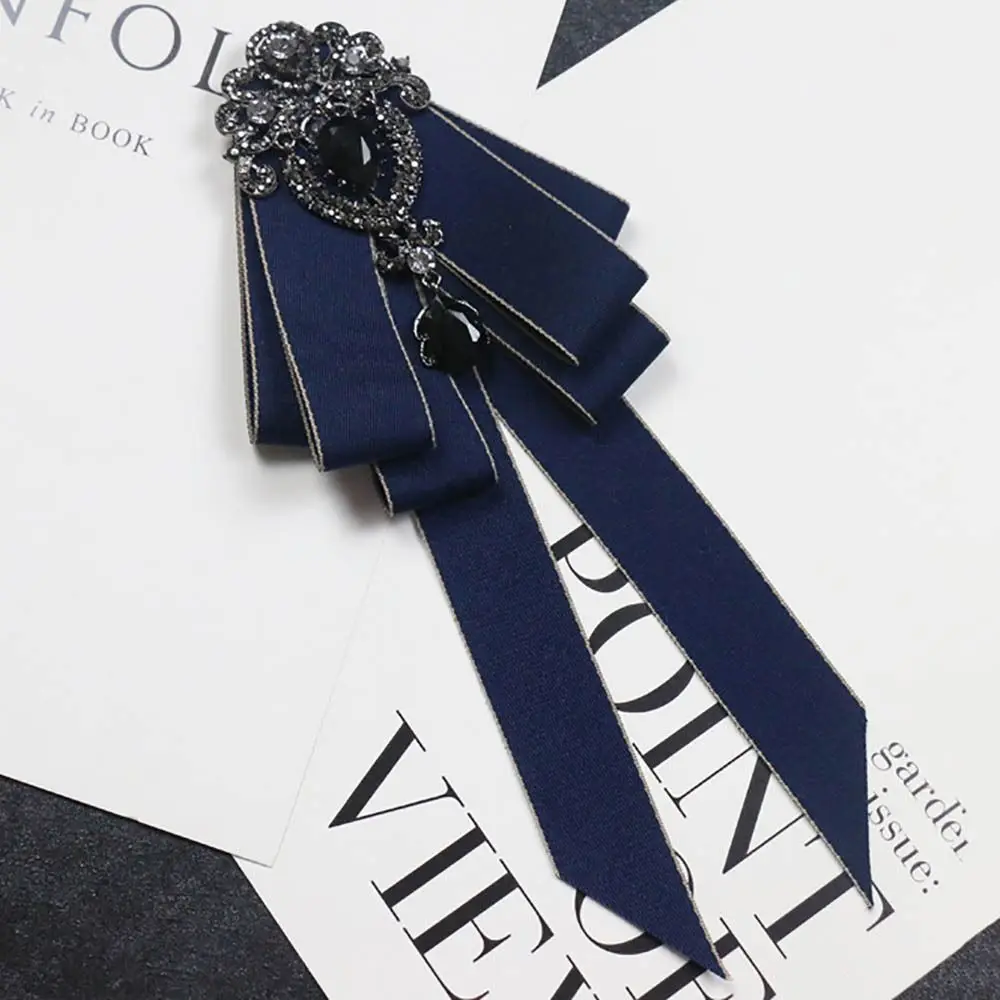 Luxury Black Rhinestone Ribbon Bowtie Fashion Fabric Cloth Art Handmade Crystal Bow Tie Ribbon Bow Brooch Neck Tie