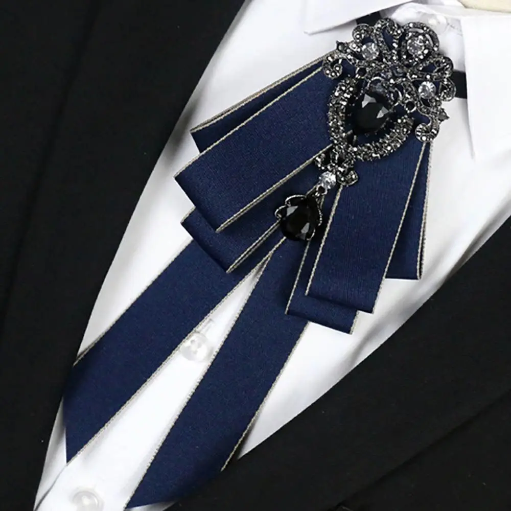 Luxury Black Rhinestone Ribbon Bowtie Fashion Fabric Cloth Art Handmade Crystal Bow Tie Ribbon Bow Brooch Neck Tie