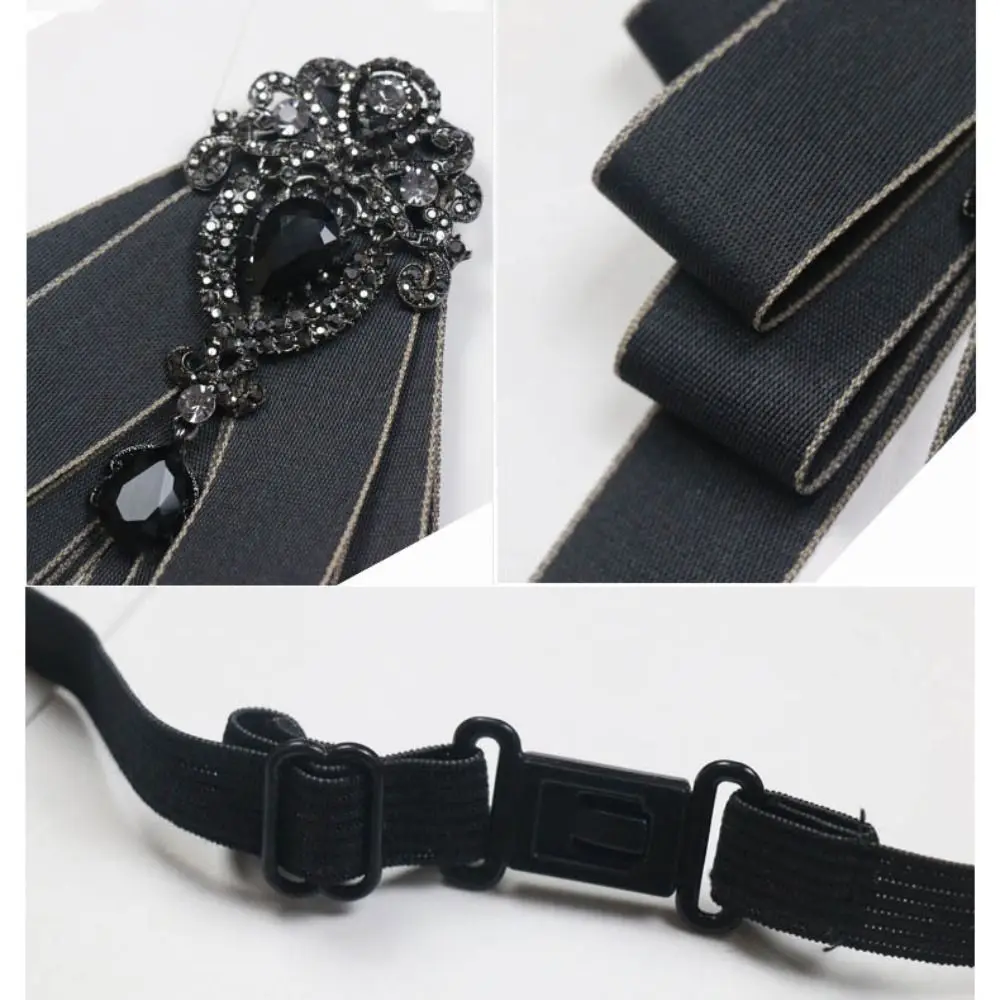 Luxury Black Rhinestone Ribbon Bowtie Fashion Fabric Cloth Art Handmade Crystal Bow Tie Ribbon Bow Brooch Neck Tie