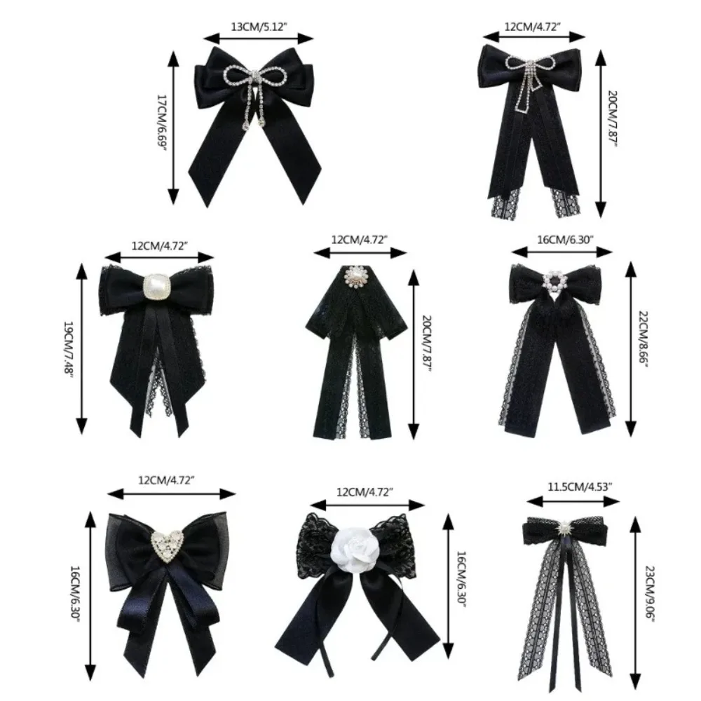 Elegant Lace Ribbon Bowtie Black College Style Collar Rhinestones Jewelry Student Shirt Korean Fabric Bow Brooches
