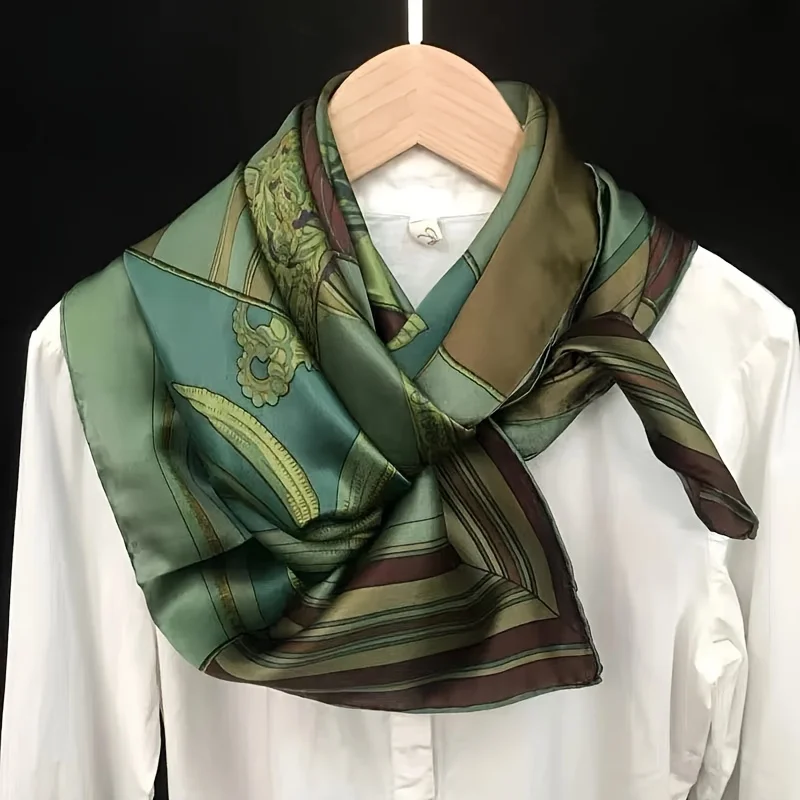 Women's Fashion Soft Satin Scarf Vintage Style Versatile Green Square Scarf Lightweight Shawl Windproof Sun Protection Hairbands