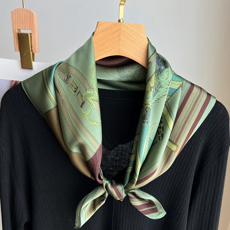 Women's Fashion Soft Satin Scarf Vintage Style Versatile Green Square Scarf Lightweight Shawl Windproof Sun Protection Hairbands