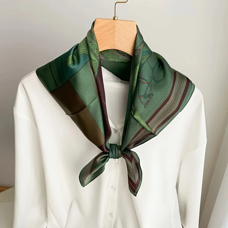 Women's Fashion Soft Satin Scarf Vintage Style Versatile Green Square Scarf Lightweight Shawl Windproof Sun Protection Hairbands