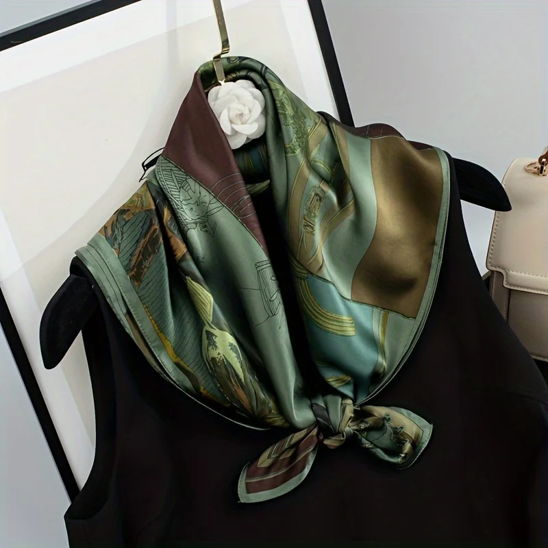 Women's Fashion Soft Satin Scarf Vintage Style Versatile Green Square Scarf Lightweight Shawl Windproof Sun Protection Hairbands