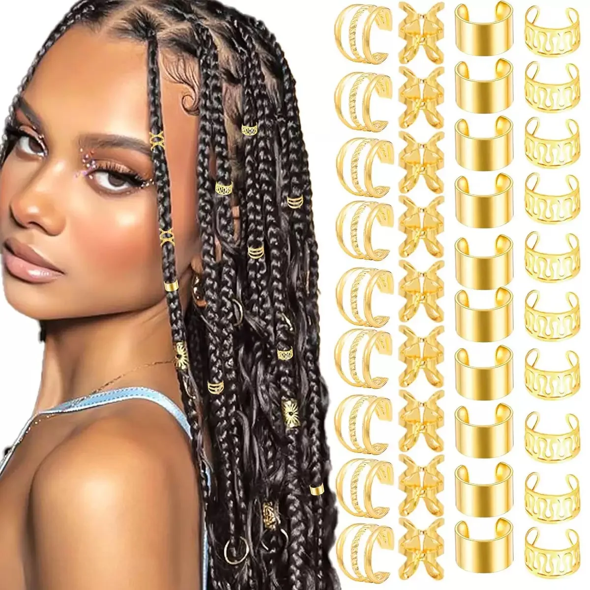 40PCS Hair Jewelry for Braids  Hair Cuffs Multi Style Rings Adjustable Hair Beads for Braid Loc Dreadlock Accessories