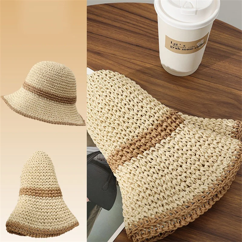Fashion Wavy Brim Beach Straw Hat Summer Women Foldable Visor Bucket Hat Fisherman Cap Outdoor Panama Girls Wide Brim Sun Hats