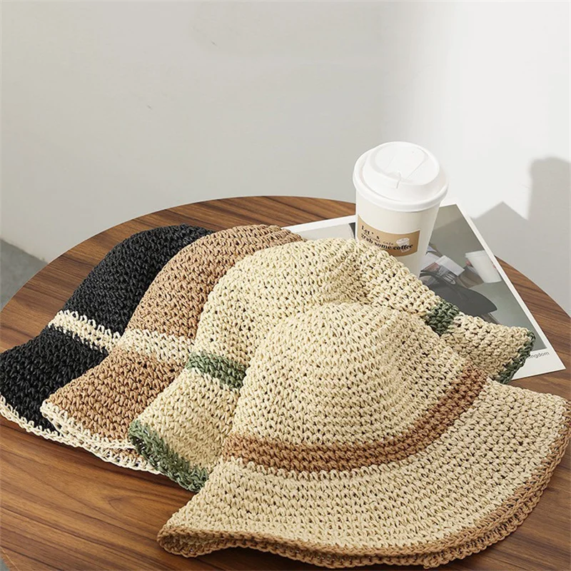 Fashion Wavy Brim Beach Straw Hat Summer Women Foldable Visor Bucket Hat Fisherman Cap Outdoor Panama Girls Wide Brim Sun Hats
