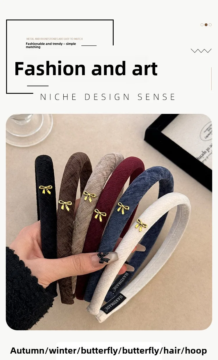 Korean autumn and winter velvet noble narrow version headband simple small bow hair accessories 2025 versatile high cranial top