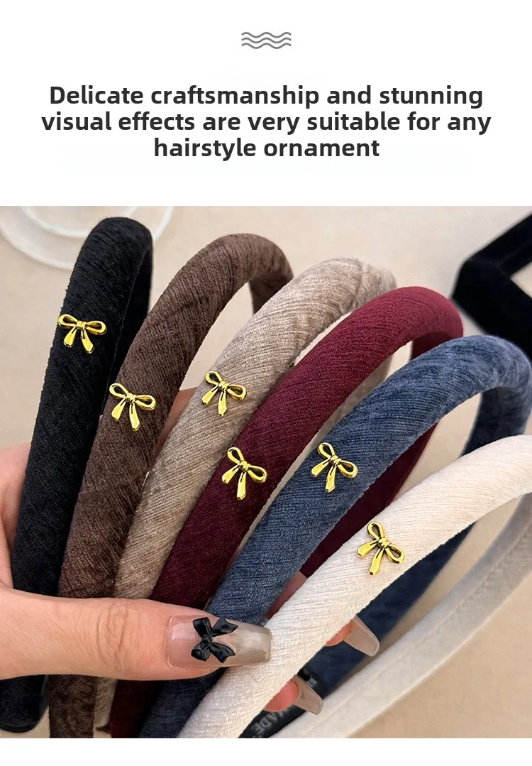 Korean autumn and winter velvet noble narrow version headband simple small bow hair accessories 2025 versatile high cranial top