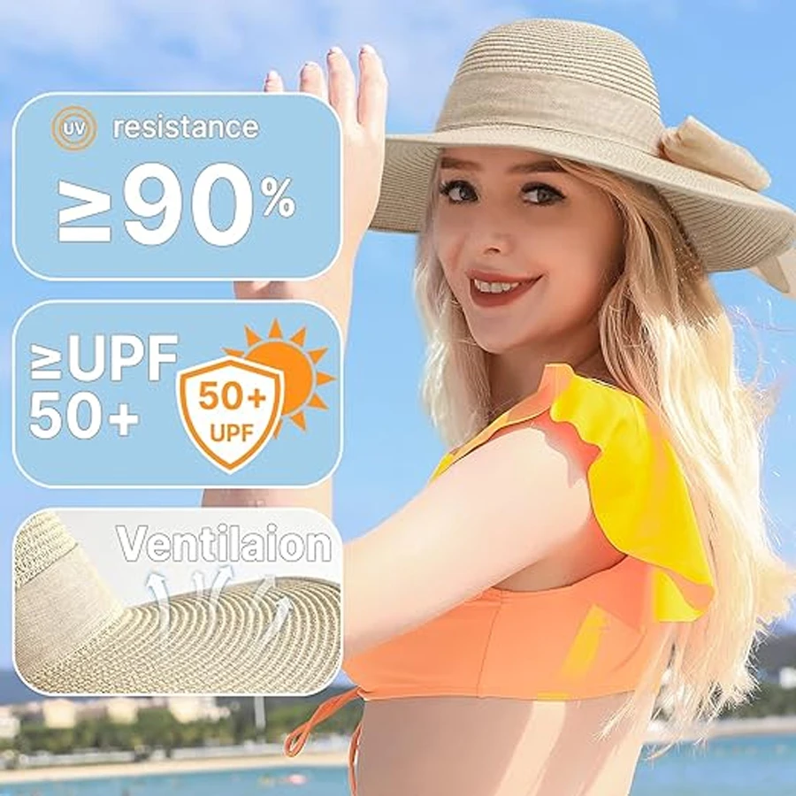 Ladies' hats, spring and summer new styles, large brimmed straw hats, summer UV resistant sun hats, foldable bow shaped sun hats