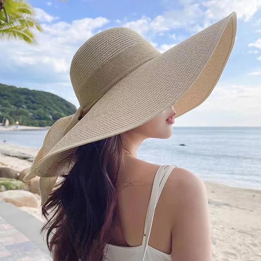 Ladies' hats, spring and summer new styles, large brimmed straw hats, summer UV resistant sun hats, foldable bow shaped sun hats
