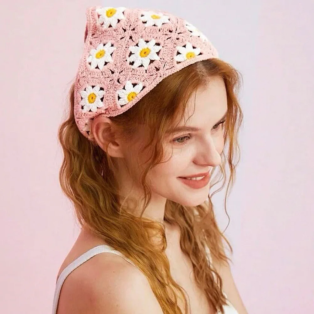 1 pcs women's hair scarf fashionable sweet rustic style knitted flower triangular headscarf cute kawaii Ladies' hair accessories