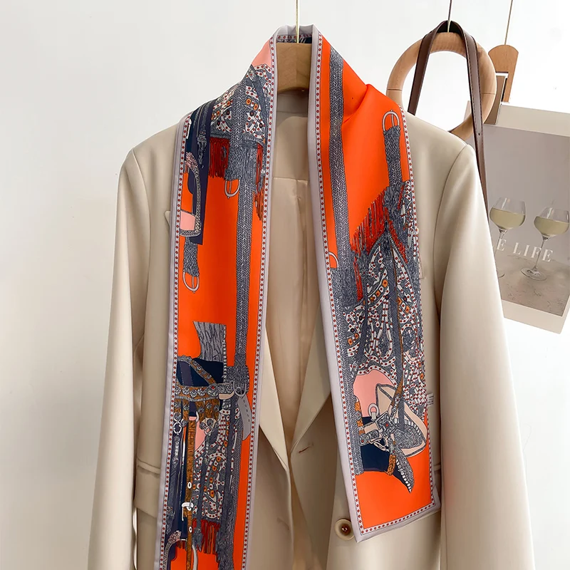 Women Silk Feel Printed Design Scarf Shawl Fashion Luxury Long Narrow Small Silk Scarves Ladies Headband Headscarve bags wrap