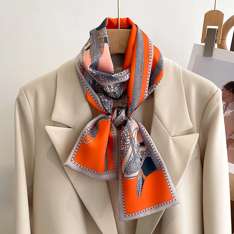 Women Silk Feel Printed Design Scarf Shawl Fashion Luxury Long Narrow Small Silk Scarves Ladies Headband Headscarve bags wrap