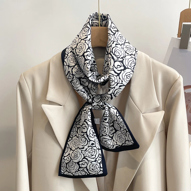 Women Silk Feel Printed Design Scarf Shawl Fashion Luxury Long Narrow Small Silk Scarves Ladies Headband Headscarve bags wrap