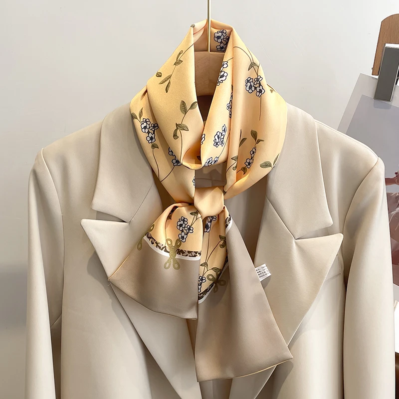 Women Silk Feel Printed Design Scarf Shawl Fashion Luxury Long Narrow Small Silk Scarves Ladies Headband Headscarve bags wrap