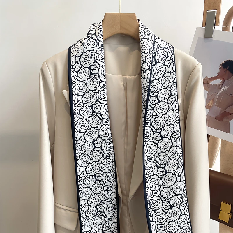 Women Silk Feel Printed Design Scarf Shawl Fashion Luxury Long Narrow Small Silk Scarves Ladies Headband Headscarve bags wrap