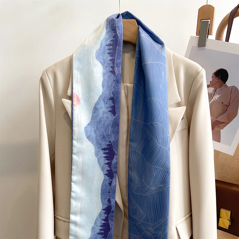 Women Silk Feel Printed Design Scarf Shawl Fashion Luxury Long Narrow Small Silk Scarves Ladies Headband Headscarve bags wrap