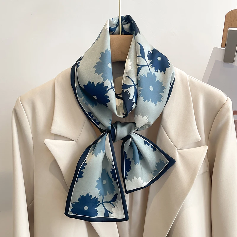 Women Silk Feel Printed Design Scarf Shawl Fashion Luxury Long Narrow Small Silk Scarves Ladies Headband Headscarve bags wrap