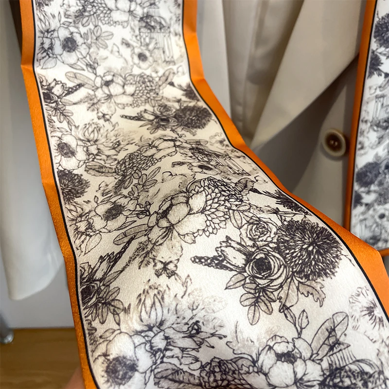 Women Silk Feel Printed Design Scarf Shawl Fashion Luxury Long Narrow Small Silk Scarves Ladies Headband Headscarve bags wrap
