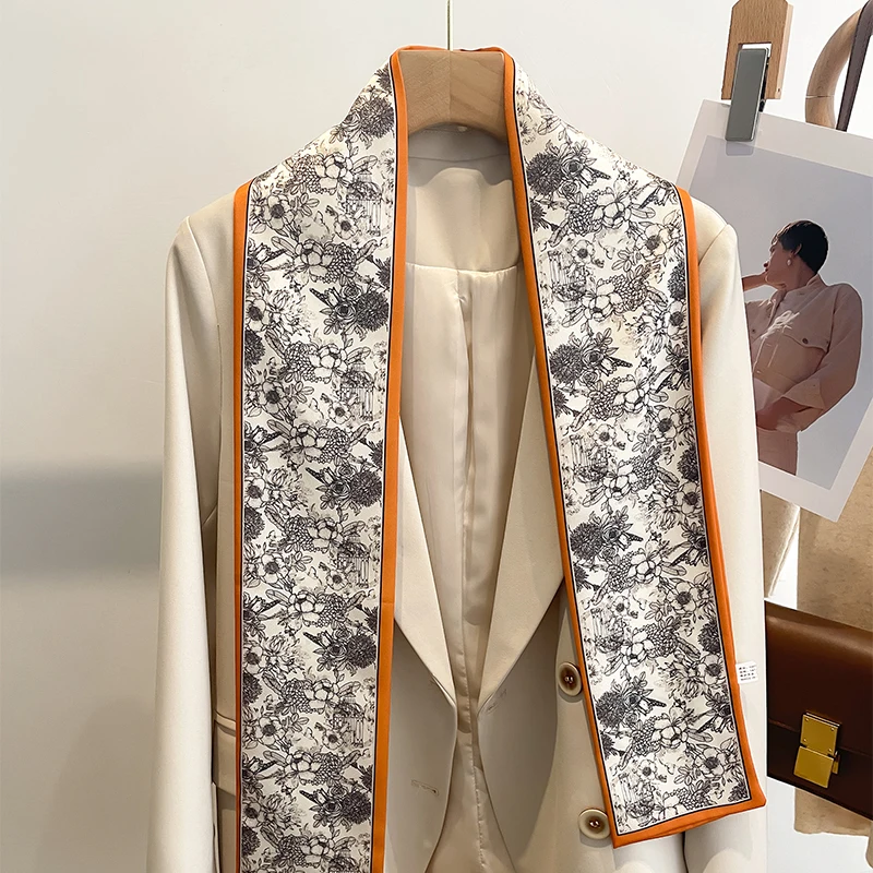 Women Silk Feel Printed Design Scarf Shawl Fashion Luxury Long Narrow Small Silk Scarves Ladies Headband Headscarve bags wrap