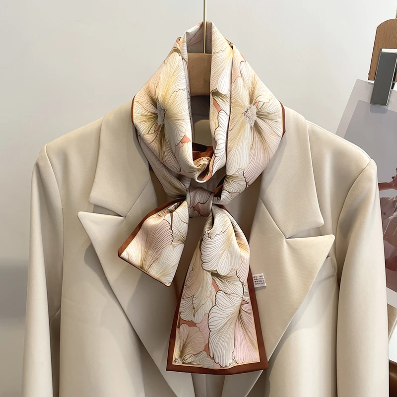 Women Silk Feel Printed Design Scarf Shawl Fashion Luxury Long Narrow Small Silk Scarves Ladies Headband Headscarve bags wrap