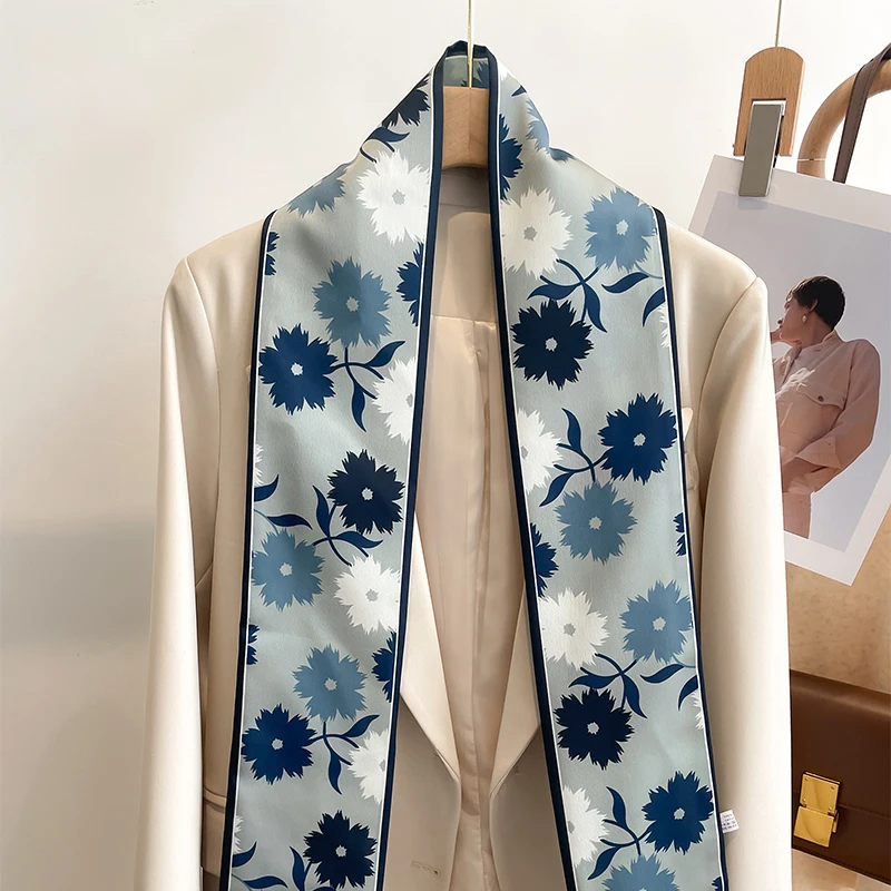 Women Silk Feel Printed Design Scarf Shawl Fashion Luxury Long Narrow Small Silk Scarves Ladies Headband Headscarve bags wrap