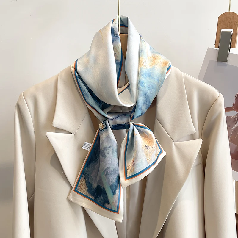 Women Silk Feel Printed Design Scarf Shawl Fashion Luxury Long Narrow Small Silk Scarves Ladies Headband Headscarve bags wrap