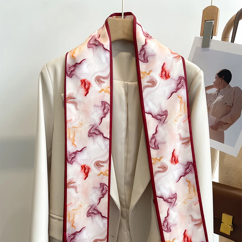 Women Silk Feel Printed Design Scarf Shawl Fashion Luxury Long Narrow Small Silk Scarves Ladies Headband Headscarve bags wrap