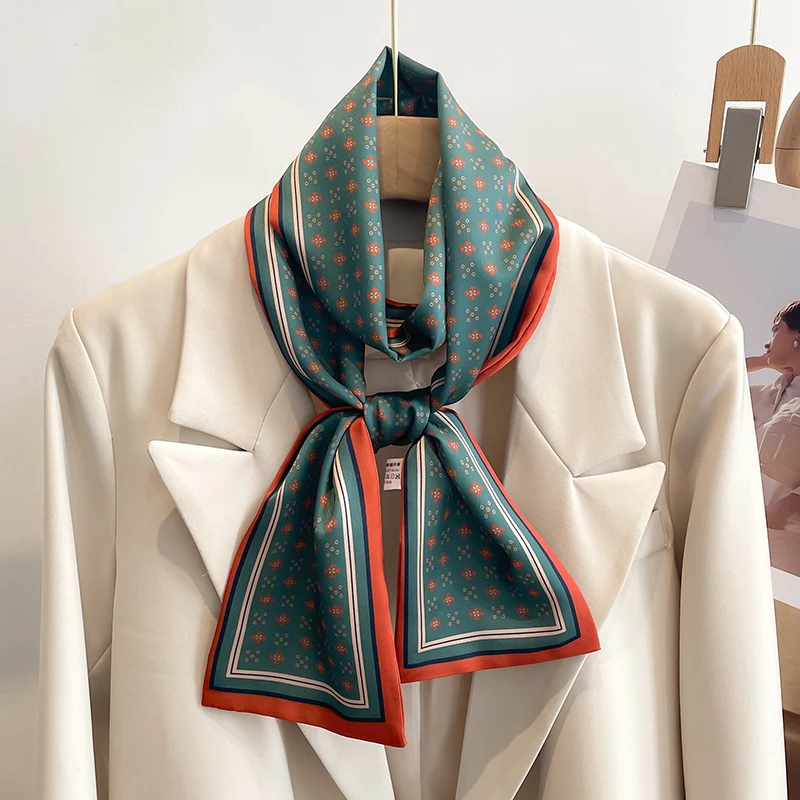 Women Silk Feel Printed Design Scarf Shawl Fashion Luxury Long Narrow Small Silk Scarves Ladies Headband Headscarve bags wrap