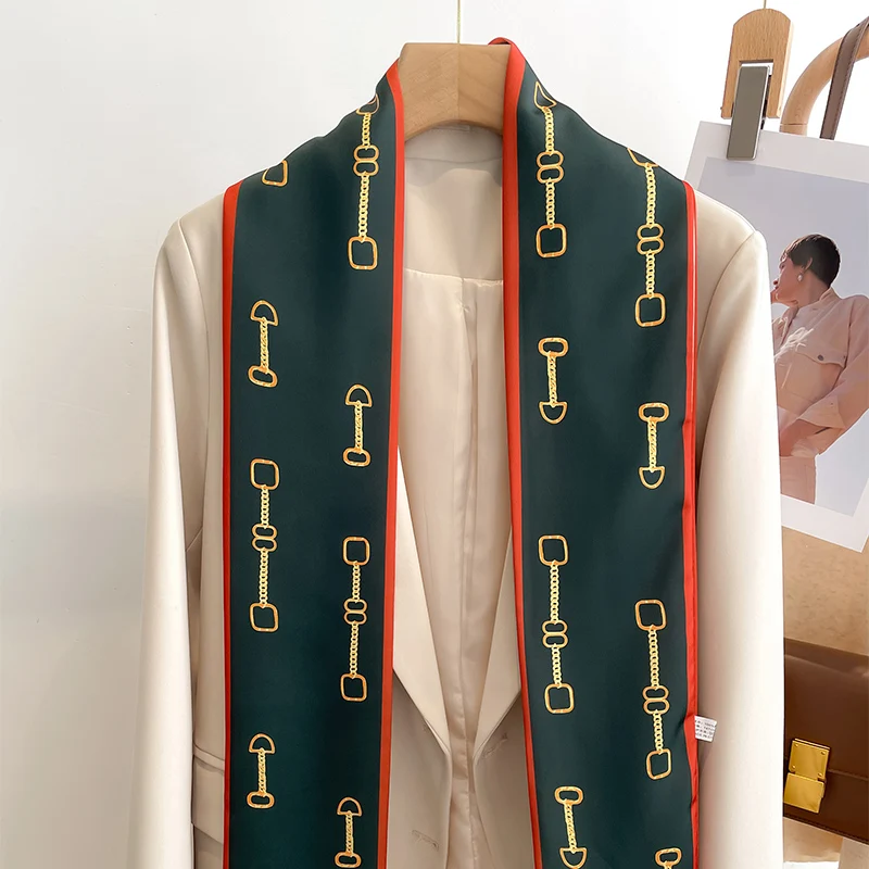 Women Silk Feel Printed Design Scarf Shawl Fashion Luxury Long Narrow Small Silk Scarves Ladies Headband Headscarve bags wrap