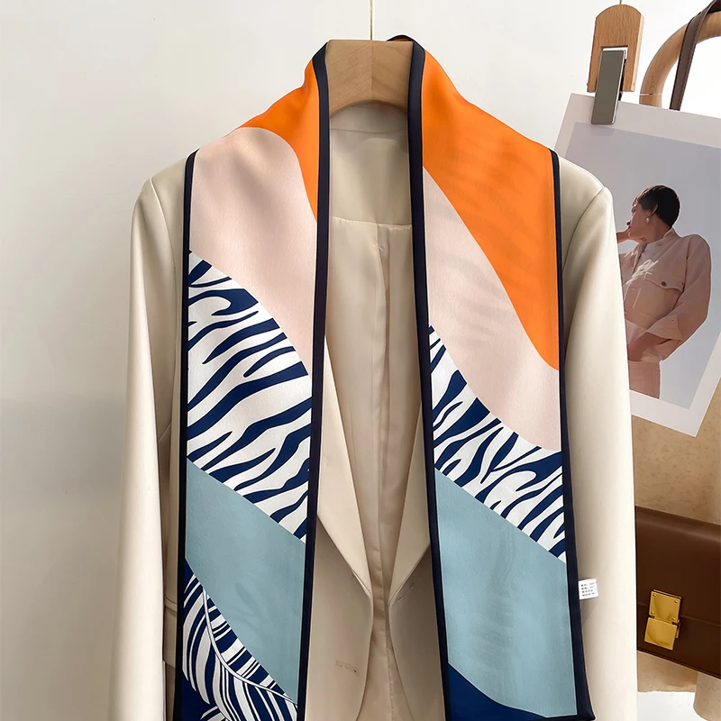 Women Silk Feel Printed Design Scarf Shawl Fashion Luxury Long Narrow Small Silk Scarves Ladies Headband Headscarve bags wrap