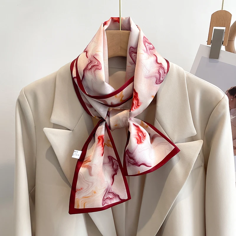 Women Silk Feel Printed Design Scarf Shawl Fashion Luxury Long Narrow Small Silk Scarves Ladies Headband Headscarve bags wrap