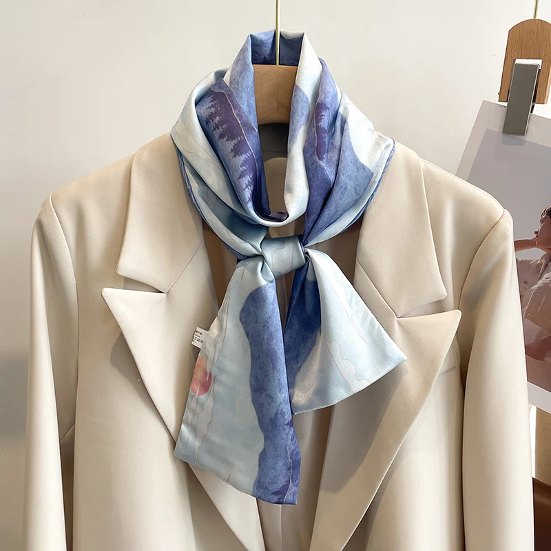 Women Silk Feel Printed Design Scarf Shawl Fashion Luxury Long Narrow Small Silk Scarves Ladies Headband Headscarve bags wrap