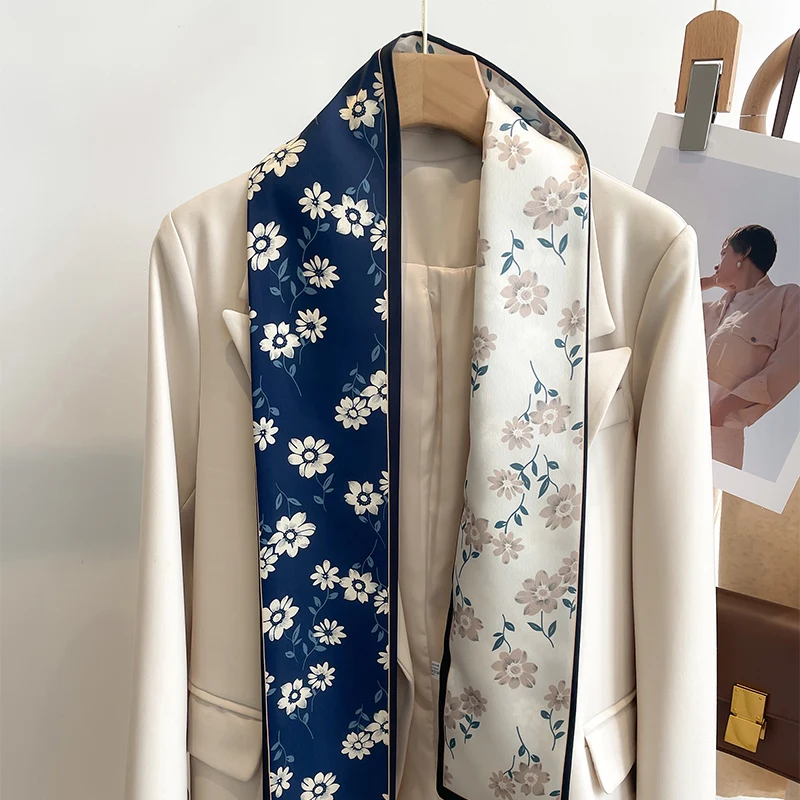 Women Silk Feel Printed Design Scarf Shawl Fashion Luxury Long Narrow Small Silk Scarves Ladies Headband Headscarve bags wrap