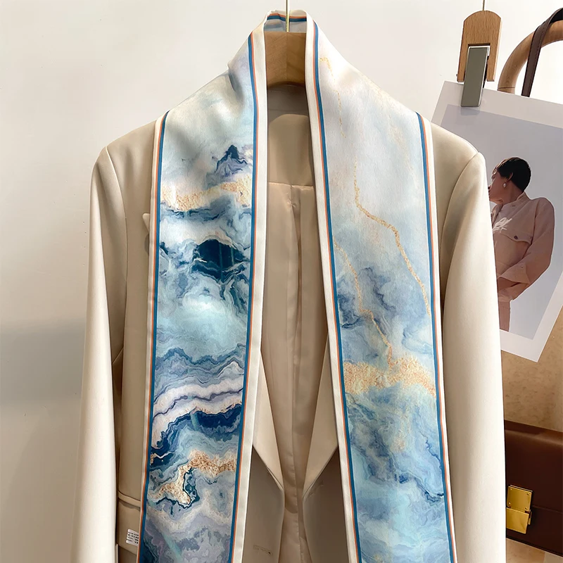 Women Silk Feel Printed Design Scarf Shawl Fashion Luxury Long Narrow Small Silk Scarves Ladies Headband Headscarve bags wrap