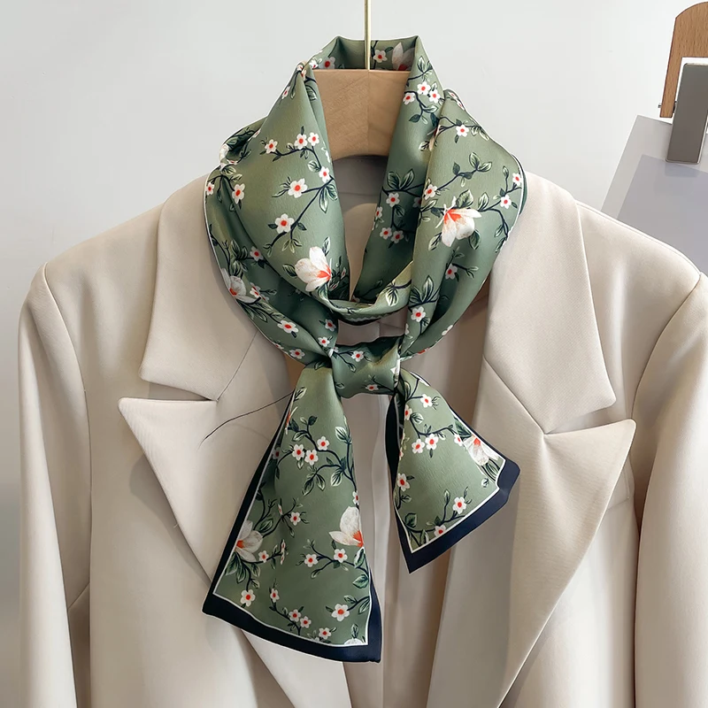 Women Silk Feel Printed Design Scarf Shawl Fashion Luxury Long Narrow Small Silk Scarves Ladies Headband Headscarve bags wrap